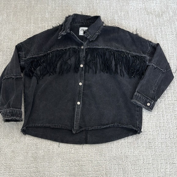 Zara Rhinestone Fringe Black Denim Jacket Jean Western Country Rodeo jeweled - Picture 4 of 8